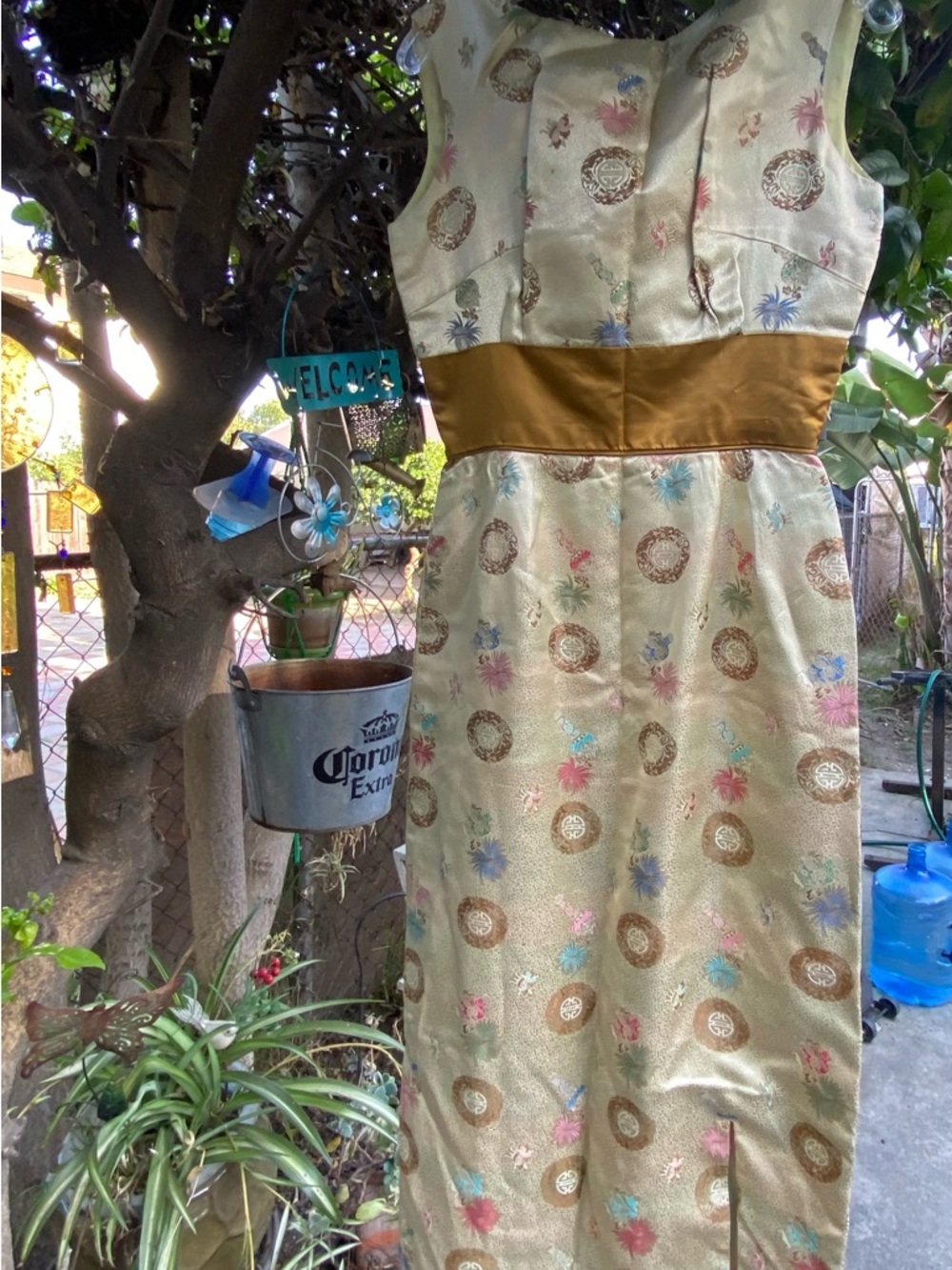 Gold Brocade Sheath Dress with Floral Motif
